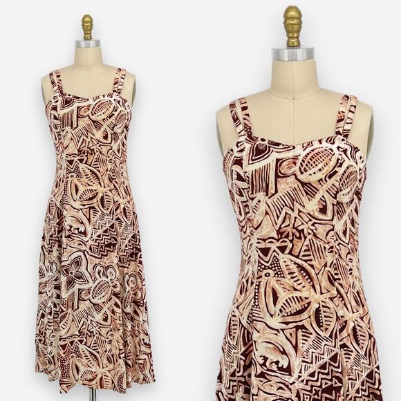 Vintage 90s D.B.Y. Neutral Tropical Island Print Sundress Women's Dress XS/S - Picture 1 of 11